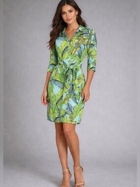 Lilly Pulitzer Green & Light Blue Tropical Print Midi Dress